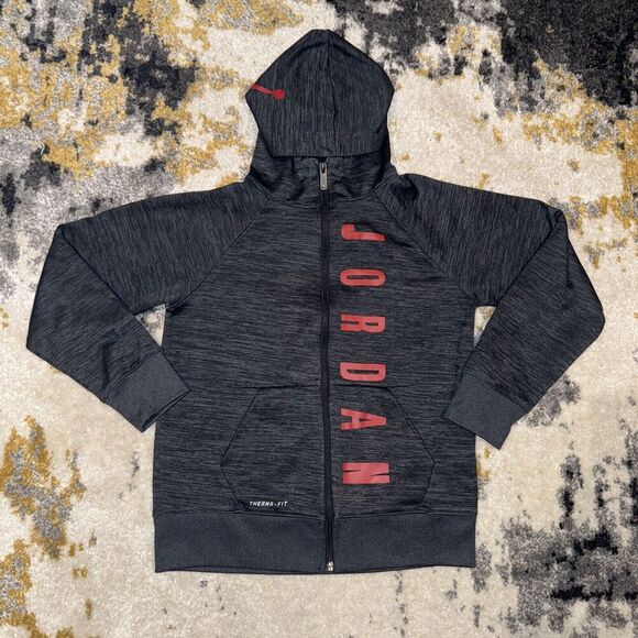 Nike Air Jordan Therma-Fit Full Zip Hoodie Dark Grey Red Boy’s Size Medium 10/12 - Picture 1 of 5